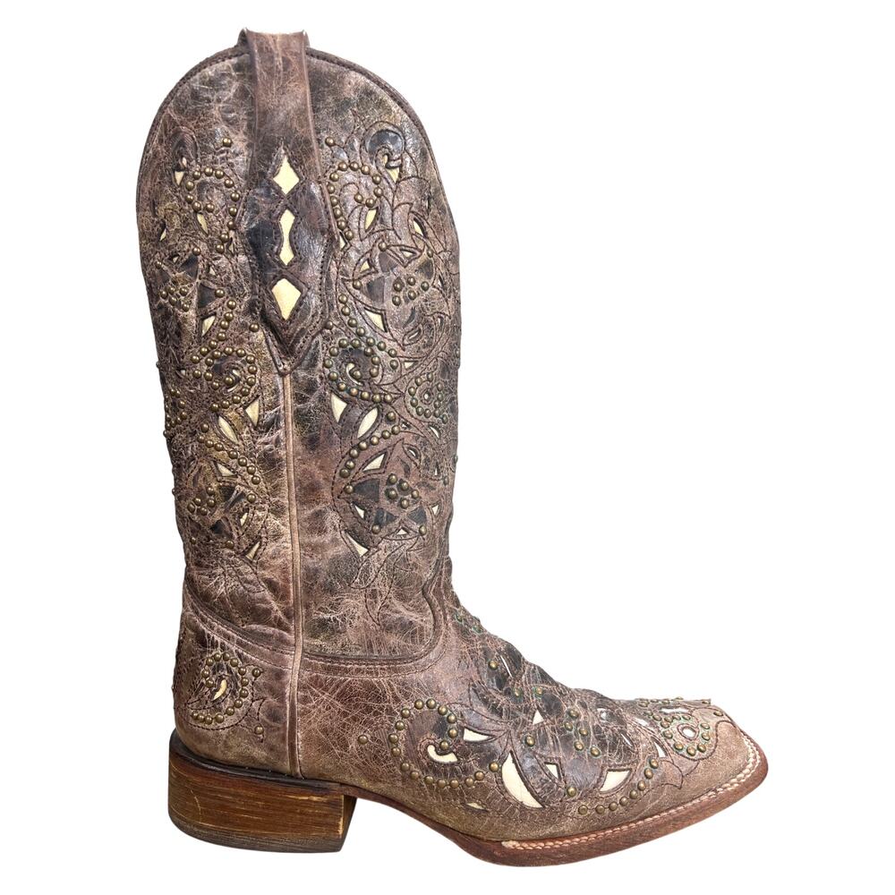 Corral Women’s Brown Leather Crater Bone Inlay Studs Cowgirl Boot Size US 7.5